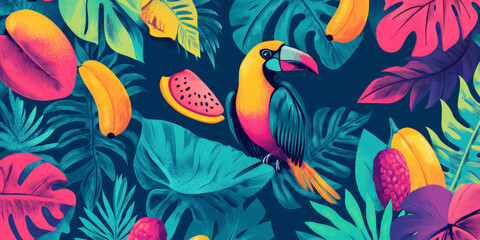 Fototapeta premium A vibrant hand-drawn tropical background featuring banana leaves, exotic birds, and bright tropical fruits in bold, neon colors on a deep teal background.