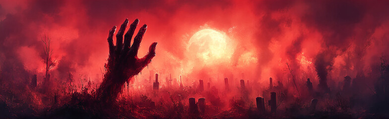 A skeletal hand reaches up from the earth in a graveyard under a blood-red moon.