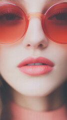 Fototapeta premium Close up of a woman's face wearing pink sunglasses.