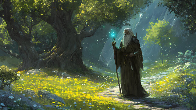 A druid tending a sacred grove, cultivating the ecosystem's delicate balance. Druid Grove. Illustration