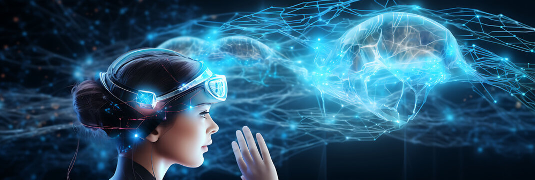 Person immersed virtual reality biohacking simulation for cognitive enhancement glowing neural interface advanced technology environment