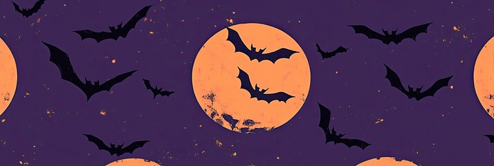 Halloween Bats Flying in front of Moon in Purple Sky Orange Moon - Spooky Creepy Pattern Background