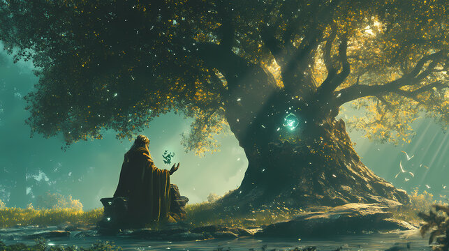 A gentle and nurturing druid, attuned to the natural world and capable of commanding its forces. - generative ai. Druid Grove. Illustration