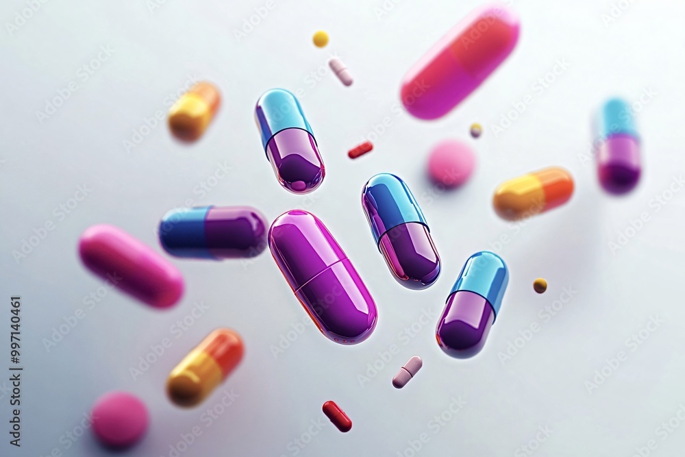 Poster variety of colorful pills are floating on a white background, creating a visually interesting and ab