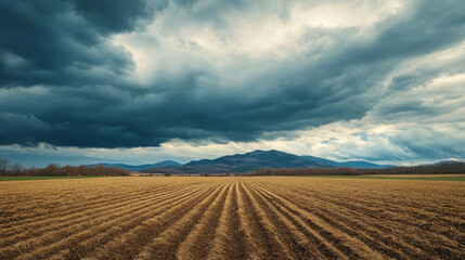 Fototapeta premium A dramatic sky looms over a plowed field in a rural landscape, where dark storm clouds envelop the sky and conceal the mountain peak.