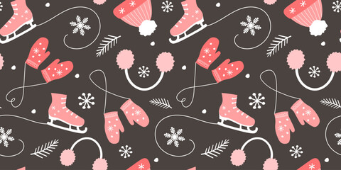 Seamless pattern with winter things, skates, mittens, hat on a background of snowflakes. Vector graphics.