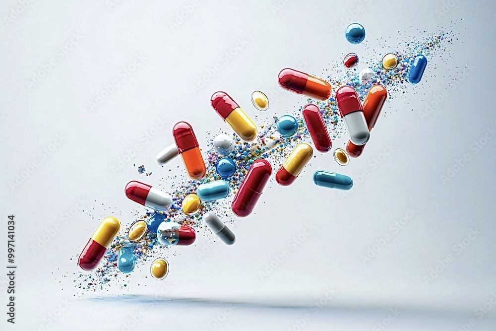 Aufkleber many pharmaceutical pills and capsules flying and exploding on a white background, creating a dynami