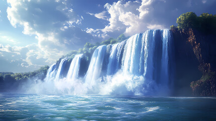 Fototapeta premium A large waterfall cascading into a body of water, creating a powerful display of natures force and beauty. Thundering Waterfall. Illustration