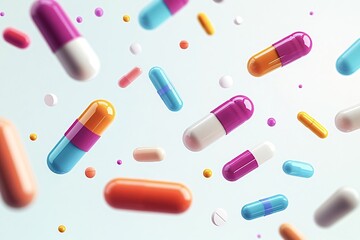 Colorful pills and tablets are floating or falling against a light blue background. This image evokes concepts of medicine, pharmacy, drugs, health and wellness