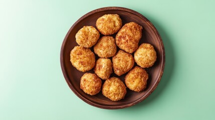Golden fried pork and beef cutlets are arranged neatly on a rustic plate set against a light green background, showcasing an appetizing meal ready to enjoy