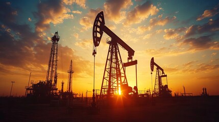 Oil and gas exploration and production. Silhouette of oil pumps and drilling rigs at sunset. Crude oil, industry, petroleum fuel production.