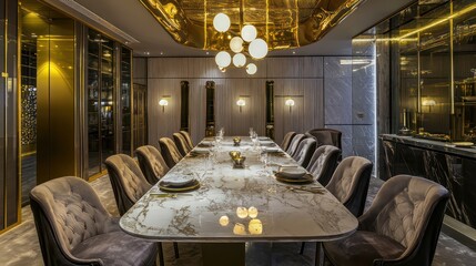 An opulent dining room featuring a long marble table, velvet upholstered chairs, and gold overhead lighting A perfect setting for hosting lavish dinner parties