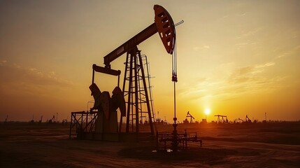 Naklejka premium Oil drilling equipment operates in an oilfield. These machines pump oil and gas from deep underground. As the world economy struggles with the COVID-19 pandemic, the price of oil has been affected.