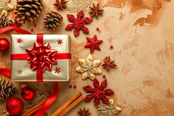 Christmas decoration composition on light gold background with beautiful Golden gift box with red ribbon, fir branches, cones, stars, Christmas cookies,cinnamon, top view, copy space, banner format