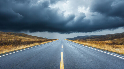 Naklejka premium A straight highway stretches through a natural landscape, dark rain clouds looming overhead, signaling an impending rainstorm.