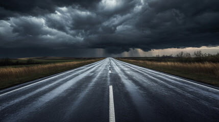 A straight highway stretches through a natural landscape, dark rain clouds looming overhead, signaling an impending rainstorm.

