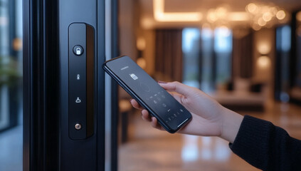 Closeup of a woman's finger entering password code on the smart phone and digital touch screen keypad entry door lock in front of a hotel room or apartment, Modern security, Smart device concept. 