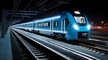 Naklejka premium A modern blue train awaits passengers at the station under the night sky in a bustling city