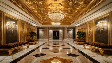 Fototapeta premium An opulent foyer with a gold leaf coffered ceiling, marble floors, and plush velvet benches An ornate crystal chandelier casts a warm, inviting glow