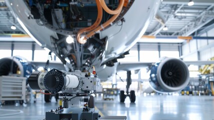 AI-powered robot performing vibration analysis on an aircraft engine