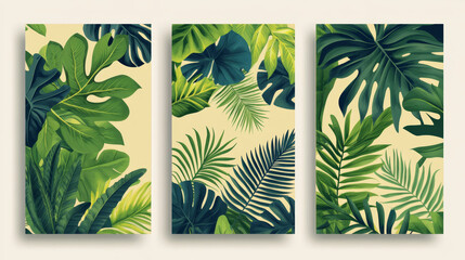 Vector collection of tropical covers featuring border frames adorned with Amazon rainforest plants and exotic leaves. Ideal for vertical posters, travel promotions, advertising cards, and beauty 