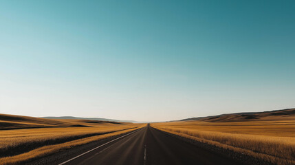Fototapeta premium A wide-angle shot of an empty road disappearing into the horizon under a clear blue sky. The road is flanked by golden fields, and the expansive sky offers generous copyspace. The lighting is natural 
