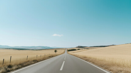 Fototapeta premium A wide-angle shot of an empty road disappearing into the horizon under a clear blue sky. The road is flanked by golden fields, and the expansive sky offers generous copyspace. The lighting is natural 
