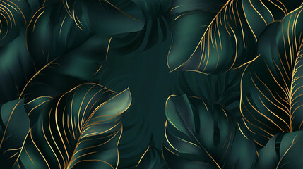 Vector illustration of a tropical dark green leaf background design, enhanced with elegant gold line accents for a sophisticated touch.

