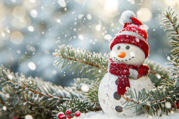 Merry christmas and happy new year greeting card with copy-space.Happy snowman standing in christmas landscape.Snow background.Winter fairytale.