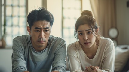 Asian couple looking anxious and sad, holding bills and discussing financial issues at home