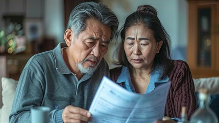 Asian couple looking anxious and sad, holding bills and discussing financial issues at home