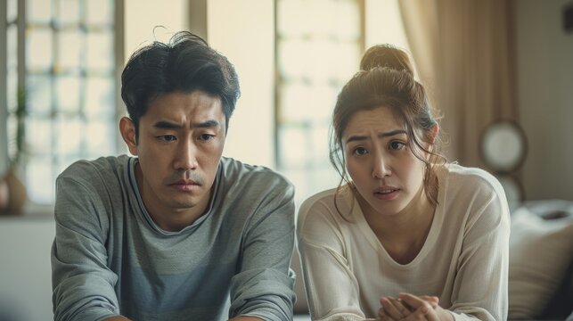 Asian couple looking anxious and sad, holding bills and discussing financial issues at home