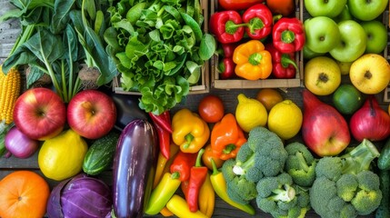 Assorted Fresh Vegetables and Fruits Displayed on a Wooden Surface,Harvest Festival