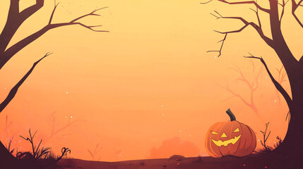 Orange Halloween background with pumpkin and tree. grunge wallpaper for design holiday party