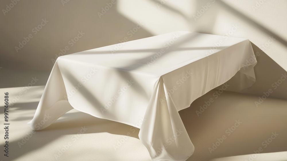 Poster a crisp white tablecloth is perfectly arranged over a rectangular dining table, set against a calm n
