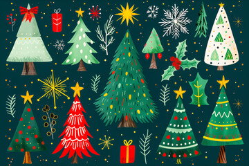 Christmas tree hand drawn illustrations. Vector.