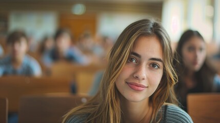 Beautiful young woman student, showcasing confidence and intellect, in a university classroom, prepared for her studies