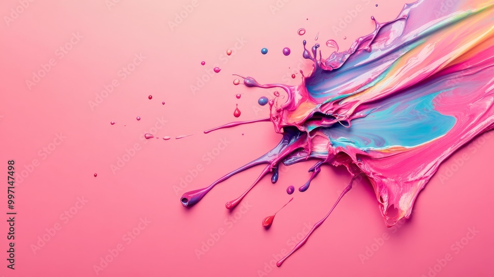 Poster a lively burst of paint in various colors creates an exciting pattern on a smooth pastel pink surfac