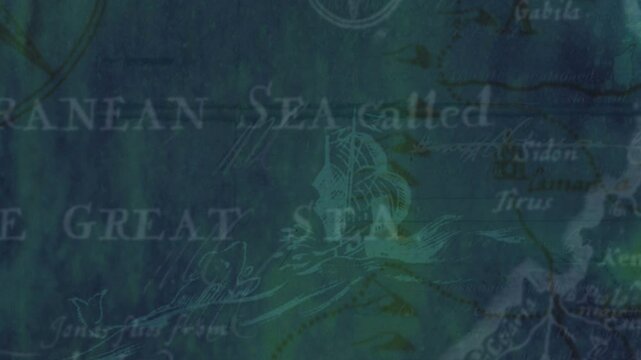 Animation of old sea maps with a blue overlay suggesting underwater following what could be a pirate's adventure, there is a travel narrative to the sequence.