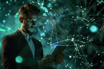 Corporate communication professional with tablet on studio background.