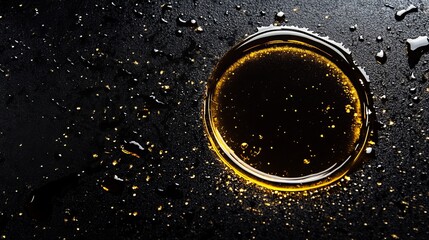 Olive oil or engine oil drops form a circle on a black background.