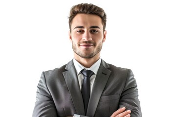 Friendly and smiling businessman looking at camera with reliability isolated on white background