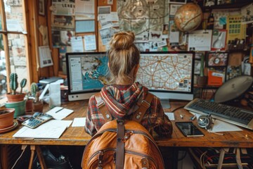 Fototapeta premium Young traveler researching destinations on a computer in a quaint, cluttered workspace