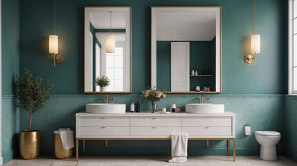 A bathroom with green walls interior design mockup template, high-resolution 3d illustration interior rendering.