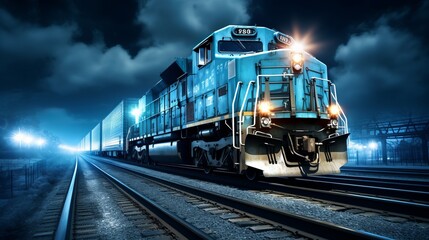 Obraz premium A freight train moving through a darkened landscape at night with glowing lights nearby