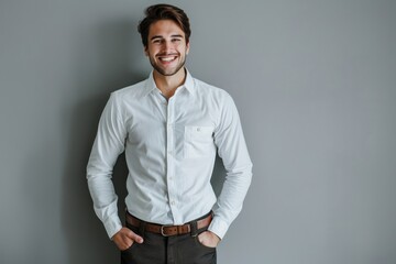 Fototapeta premium Happy man in formal attire smiling at camera.
