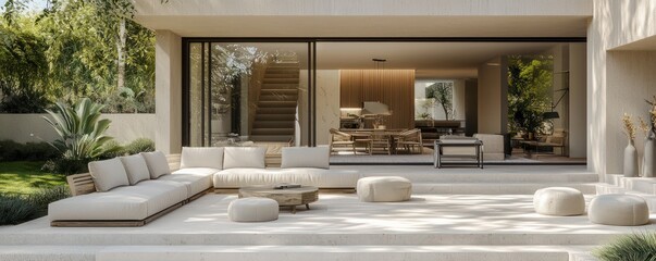 Luxury villa terrace designed with minimalist furniture and contemporary decoration in neutral tones, reflecting premium real estate.