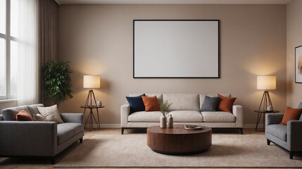 A concept image of a living room interior design mockup template, high-resolution living area with furniture 3d illustration interior rendering.