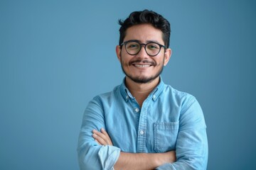Confident young Hispanic man in blue shirt and glasses.