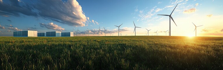 Renewable energy with wind turbines, solar panels, and battery storage systems